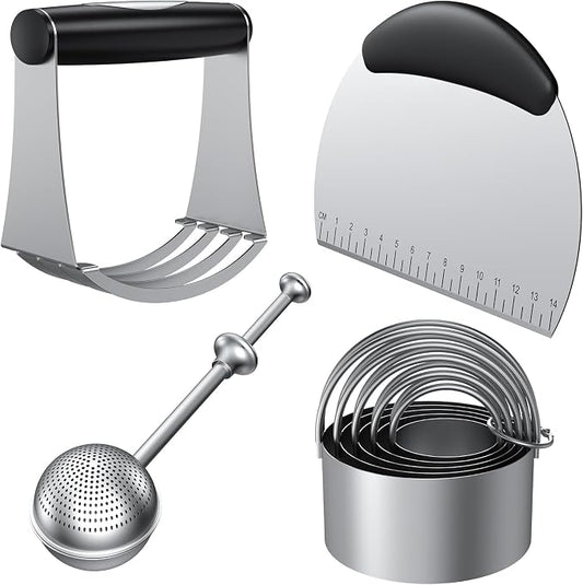 Biscuit Cutter Set, Stainless Steel Flour Sifter, Pastry Cutter, Pastry Scraper and Dough Blender, Flour Sieve for Quick Sifting Cakes and Spices, Professional Baking Dough Tools (4 Set)