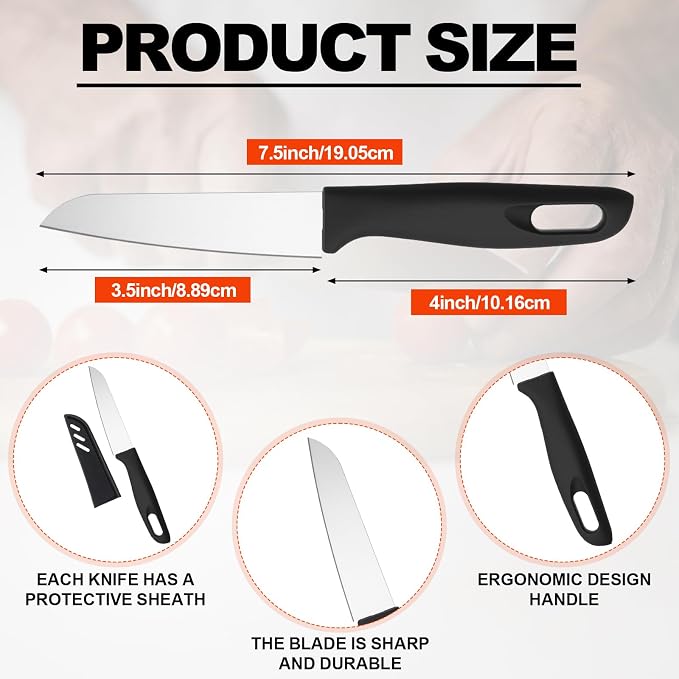 50 Pcs Paring Knives with Cover 7.5 Inch Sharp Stainless Steel Knife with Ergonomic Plastic Handle and Blade Cover for Fruit Vegetable Kitchen, Black