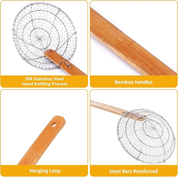 Stainless Steel Spider Strainer Asian Kitchen Wire Food Cooking Skimmer With Natural Bamboo Handle, 7-Inch, Hand-Made