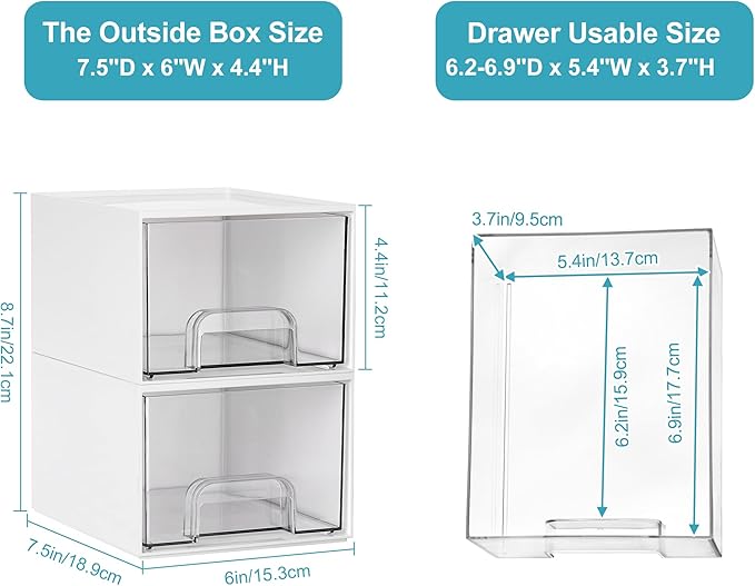 Vtopmart 4 Pack Small Stackable Storage Drawers, White | Bathroom Makeup Accessories Organizer, Plastic Bins For Desk, Vanity, Undersink, Medicine Cabinet ,Home Organization