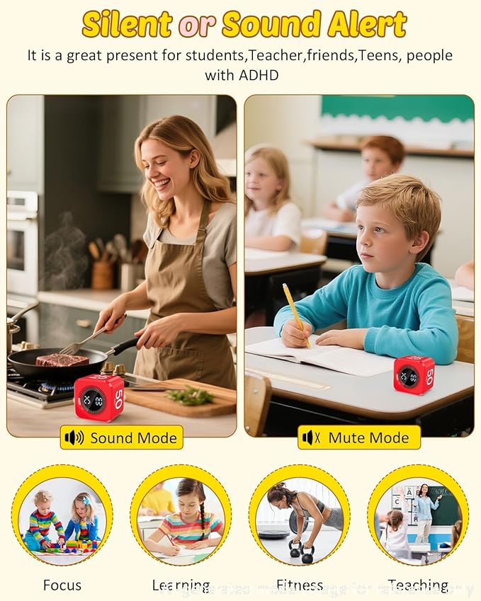Digital Pomodoro Timer Cube 5/10/25/50min, Visual Productivity Flip Timer for Kids Classroom Desk, Custom Countdown, Silent and Sound Mode for ADHD Study Work Game Kitchen (Red)