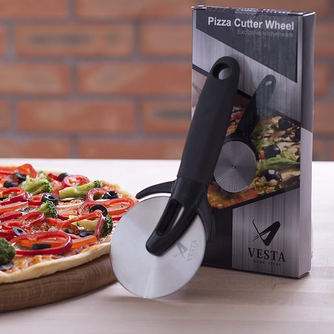 Premium Professional Pizza Cutter Wheel By VestaHomeStore - With Sharp Angled Stainless Steel Blade, Ergonomic Anti-Slip Handle & Durable Blade Cover - Ideal For Pizza, Pies, Waffles and Dough Cookies