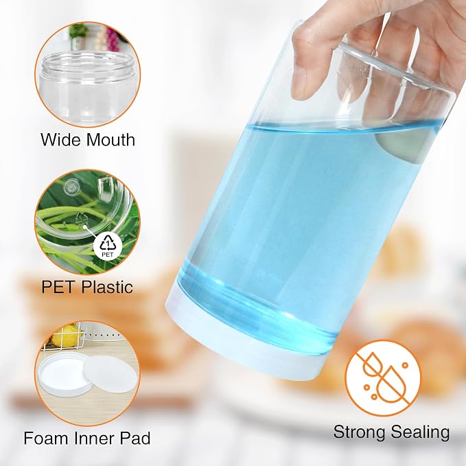 PeacePeo 32 OZ Plastic Jars with Lids, 16 Pack Large Storage Containe | Refillable Round Empty Jars with White Screw-on Lids, Wide Mouth, Reusable Household Containers for Pantry Organization
