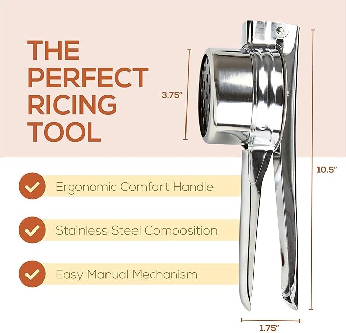 Potato Ricer Masher - Premium Stainless Steel, 3 Interchangeable Discs - Manual Potato Press, Ideal for Fruits, Vegetables, Baby Food Easy to Clean
