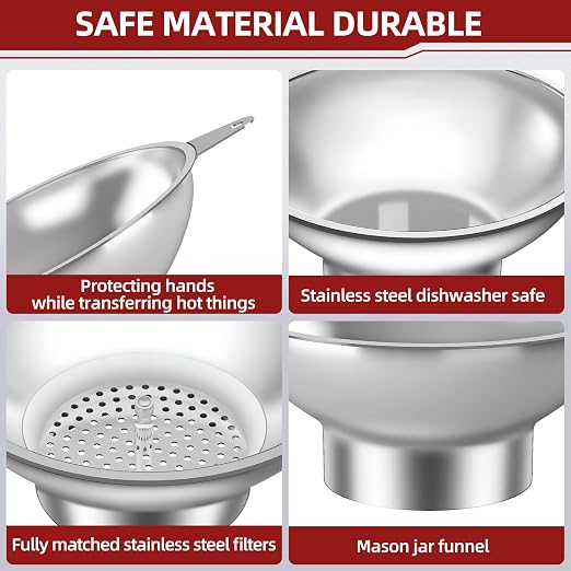 Serinar Stainless Steel Metal Canning Funnel with Removable Strainer, for Jams, Pickles and Home Preserving, Dishwasher Safe Kitchen Tool (2.26 Inch Standard Bore for Standard Mouth Mason Jars).