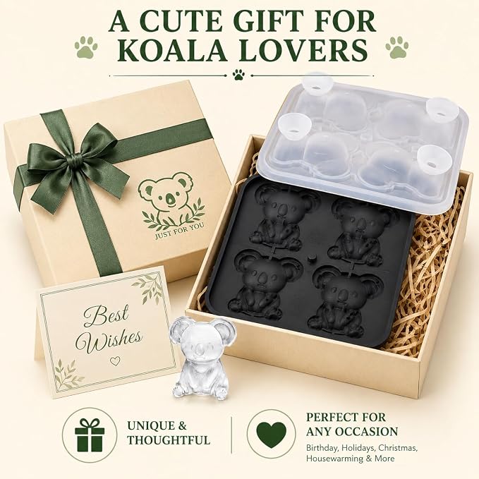 Koala Ice Cube Tray Mold - Cute Fun Whiskey Ice Molds Gifts for Women Men | 3D Koala Shape Cute Ice Molds for Whiskey Bourbon, 4-Hole Large Fun Shapes Funny Gifts, for Animals Lovers Women Men