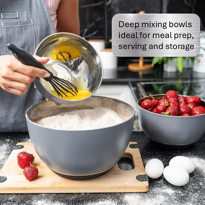 Stainless Steel Mixing Bowls Set, 3-Piece with Silicone Base | 1.5, 3 & 5 Qt Metal Bowls for Meal Prep, Baking, Cooking, Serving & Food Storage, Non-Slip Base, Dishwasher Safe, Grey