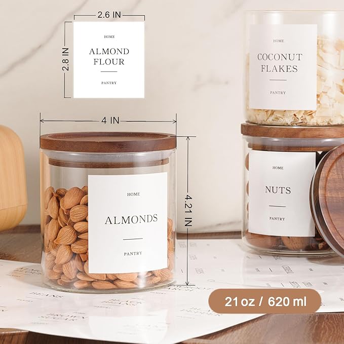 6 Pack Glass Jars with Acacia Lids, 21oz Pantry Airtight Storage Containers | Glass Kitchen Canisters with 105 Labels, Food Storage Containers for Pantry with Wood Lids for Coffee, Tea, Sugar, Spice