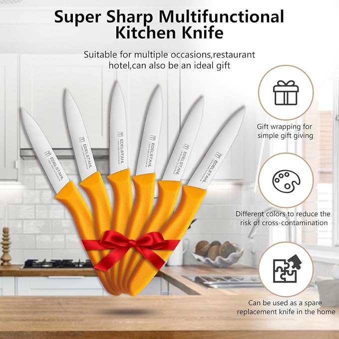 Paring Knives Set,Stainless Steel Paring Knife Set of 6,Sharp Vegetable&Fruit Knifes,Small Knife Set,Ergonomic Handle Paring Knives,Straight Edge Paring Knife Set,Orange Peeling Knife