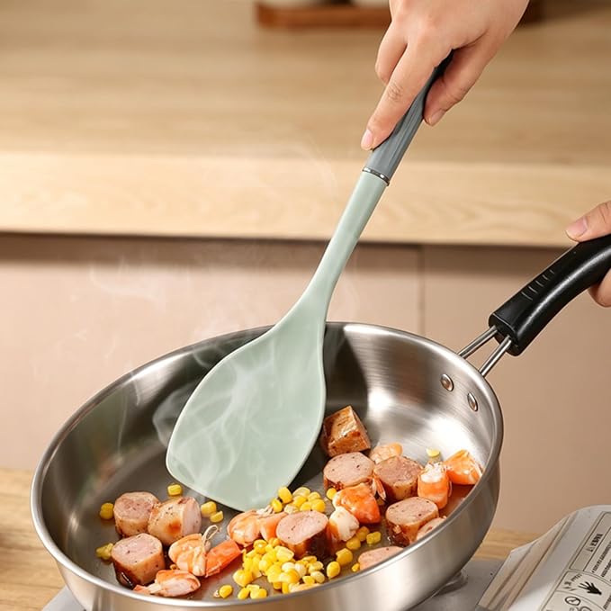 2 Pack Silicone Cooking Spoon Spatulas, 13Inch Non Stick Large Rubber Solid Slotted Spoon Set for Mixing, Draining, Scraping, Heat Resistant Kitchen Utensils, Green+Grey