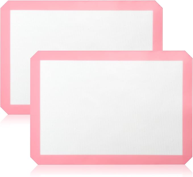 Luckyiren 2 Pack Silicone Baking Sheet Liners, Half Sheet Pan, Pink/White | Two 16.54 x 11.62 in pink silicone baking sheet liners fit half sheet pans; reusable nonstick mats for cookies and pastry.