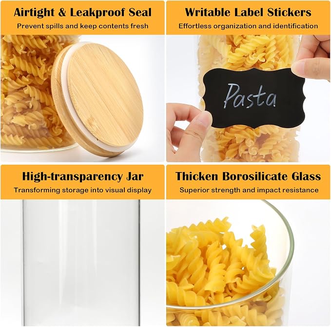 5 Pack Airtight Glass Jars with Bamboo Lids, Glass Food Storage Containers | Glass Canisters with Airtight Lids, Glass Storage Containers with Lids for Pasta, Cereal, Cookie, Coffee Beans, Nuts, Flour