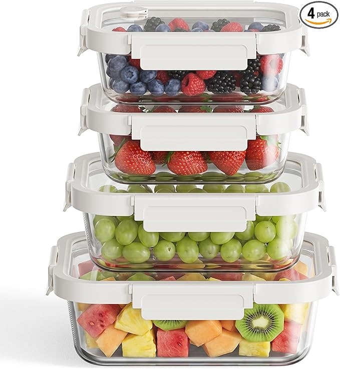 4 Pack Glass Produce Storage Containers for Fridge with Glass Lids | 82oz Borosilicate Produce & Meal Prep Containers, Airtight Leakproof BPA Free Fridge Organizer, Microwave Dishwasher Safe