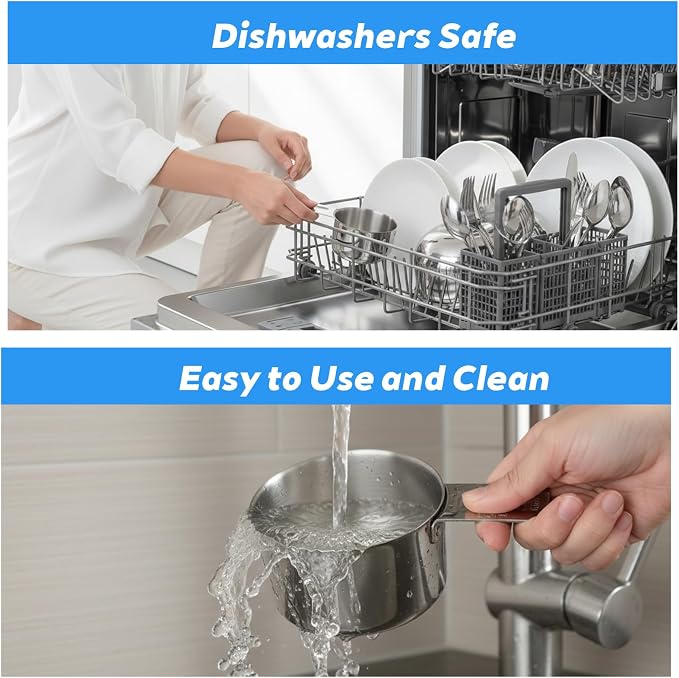 6 Pcs Stainless Steel Measuring Cup Set Includes 3 Pcs 1Cup (240ml, 8oz) & 3 Pcs 1/2Cup (120ml, 4oz) Metal Measure Scoop with Etched Inner Scale, Metric and US Measurement, Dishwasher Safe