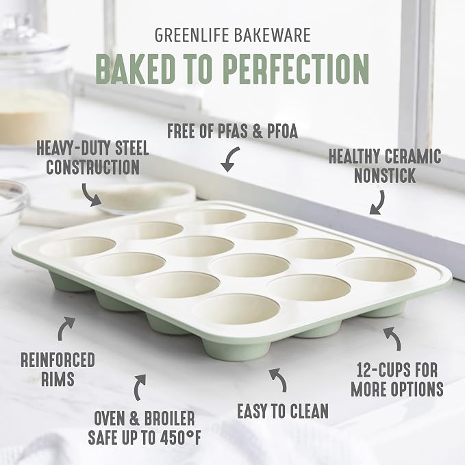 GreenLife 12-Cup Muffin Pan, PFAS-Free Healthy Nonstick Baking Tray, 11.4" x 1.9" x 15.9", Durable Ceramic Bakeware, Cupcakes, Egg Bites, Tarts, Brownies, Sage (Pack of 6)