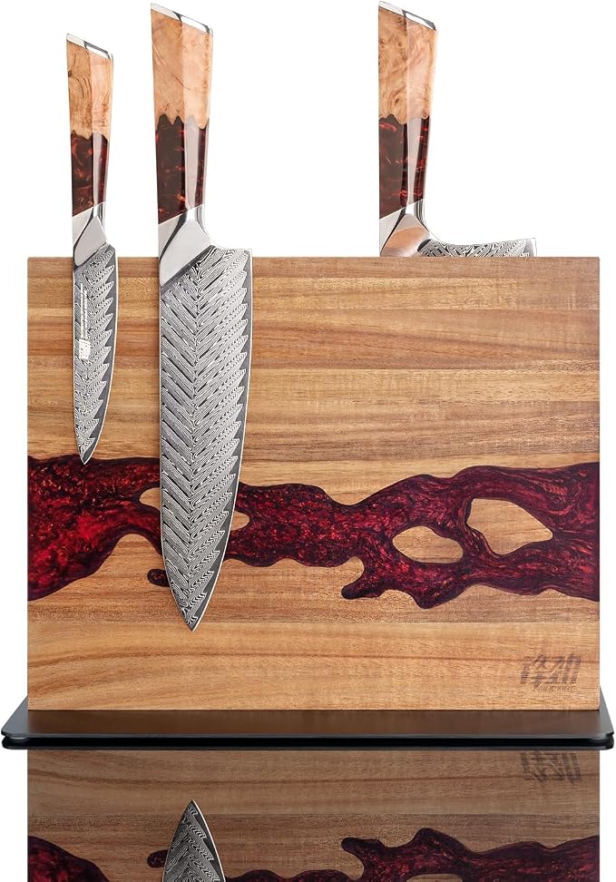 FINDKING Magnetic Knife Block, Double Sided Holder, Powerful Magnet Kitchen Storage, Acacia Wood and Red Resin (12 x 10 Inches, Without Knives)