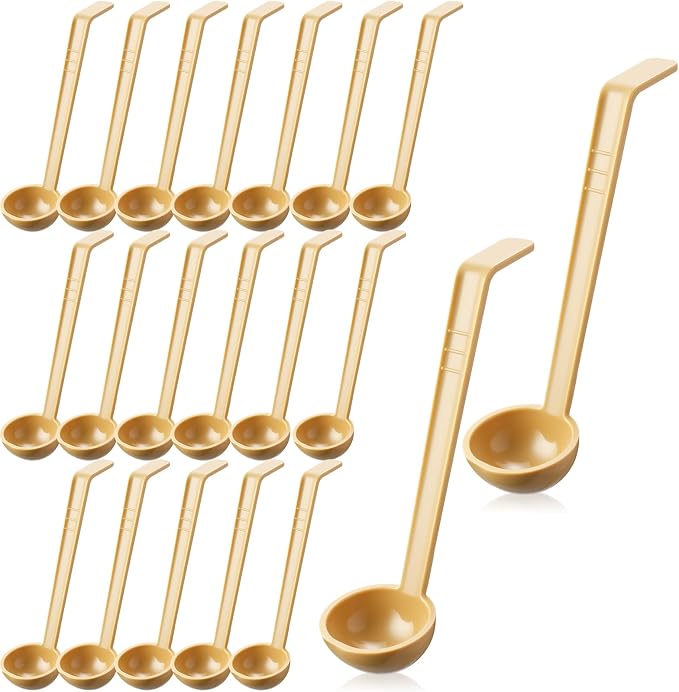 Tioncy 20 Pcs 1 oz Plastic Small Ladles with 8 Inches Long Handle, Mini Ladle for Serving Salsa Sauce Dressing Punch Bowl Sauces and Toppings (Khaki)