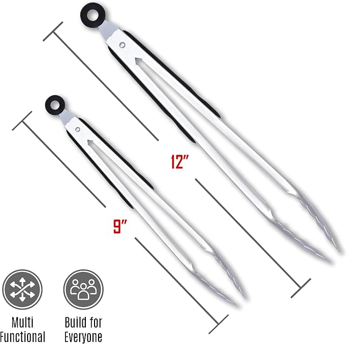 Stainless Steel Kitchen Tongs with Silicone Tips,Stainless Steel Tongs for Cooking, Grilling, BBQ & Serving, Grill Tongs, Non-Stick and Dishwasher Safe (Pack of 2 Black & Silver)