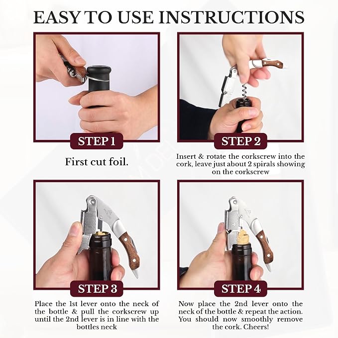 Waiters Corkscrew Wine Opener - Double-Hinged Fulcrum 3-In-1 Cork Screw Wine Bottle Opener Heavy Duty Stainless Steel & Classic Rosewood. Serrated Foil Cutter. Beer Opener. Magnetic Gift Box