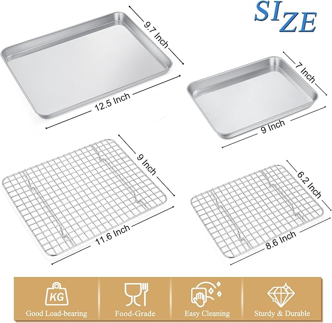P&P CHEF 12.5+9 Inch Toaster Oven Pan Tray with Wire Rack, 4 PCS | Baking Sheet Pan + Cooling Rack for Cooking/Roasting, Dishwasher Safe & Rust Free, Non-toxic & Sturdy