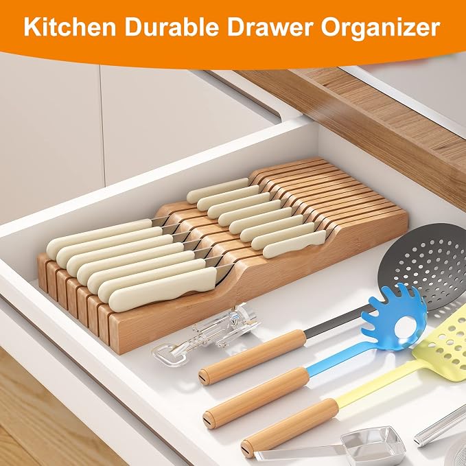 In-Drawer Knife Block Organizer - Bamboo Wood Drawer Knife Organizer-Protecting Knife Organizer Block (Not Included) (Natural, 15 Knives Dock)