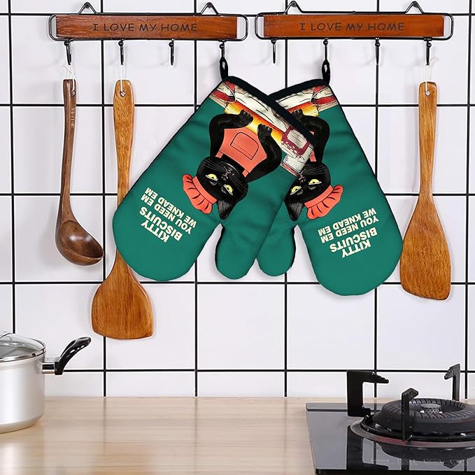 Kitty Biscuits You Need Em We Knead Em, Funny Silicone Non-Slip Oven Mitts Sets of 2, Retro Baking Mitts, Bake Lover Gift, Cat Lover Gift, Kitchen Gift for Cat Owner