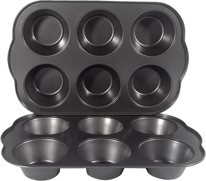 Non-Stick Jumbo 3.5" 6-Cup Muffin Pans, Set of 2(Black) | Carbon Steel, Long Handle for Large Muffin & Cupcakes