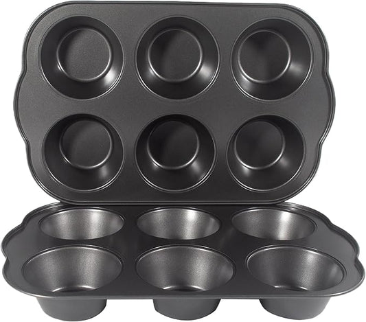 Non-Stick Jumbo 3.5" 6-Cup Muffin Pans, Set of 2(Black) | Carbon Steel, Long Handle for Large Muffin & Cupcakes