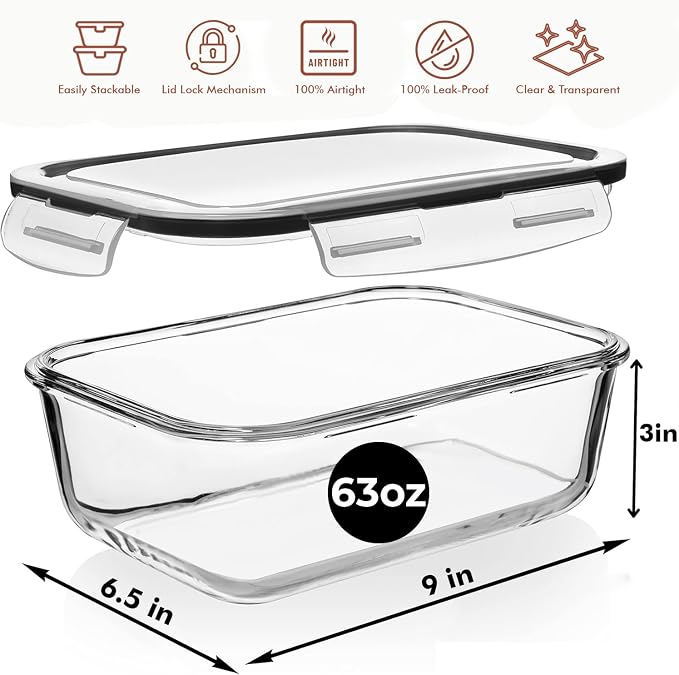 Razab 4 PC 1860ml / 63 Oz / 8 Cups Large Glass Food Storage Containers with Lids - Glass Meal Prep Containers for Roasting & Storing Leftover, Lunch Container with Lids, Microwave & Oven Safe