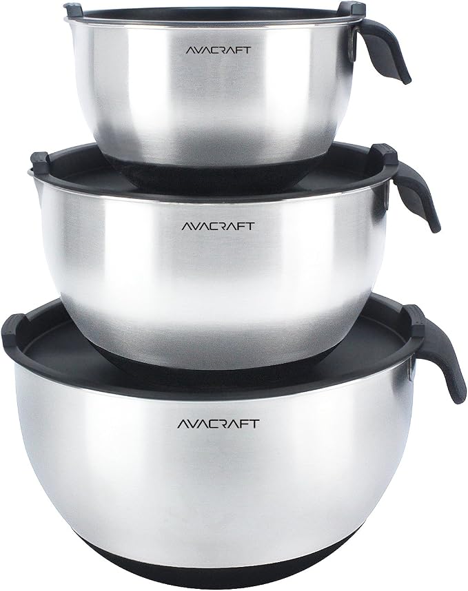 AVACRAFT 18/10 Stainless Steel Mixing Bowl Set with Lids, Black | Non-Slip Silicone Base, Ergonomic Handles, Pour Spouts, Interior Measurement Marks, Nesting Design, Dishwasher Safe