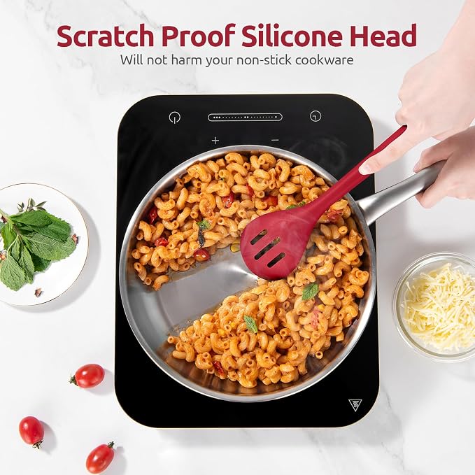 600ºF Heat Resistant Slotted Spoon: U-Taste 13.3in Solid Kitchen Cooking Spoon, Nonstick Food Grade Large & Long Rubber Utensil for Mixing, Serving, Stirring, Basting, Frying, Draining (Red)