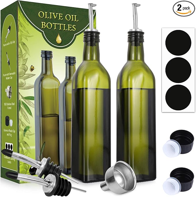 AOZITA [2 PACK 17 oz Glass Olive Oil Dispenser Bottle Set - 500ml Dark Green Oil & Vinegar Cruet Bottle with Pourers, Funnel and Labels - Olive Oil Carafe Decanter for Kitchen