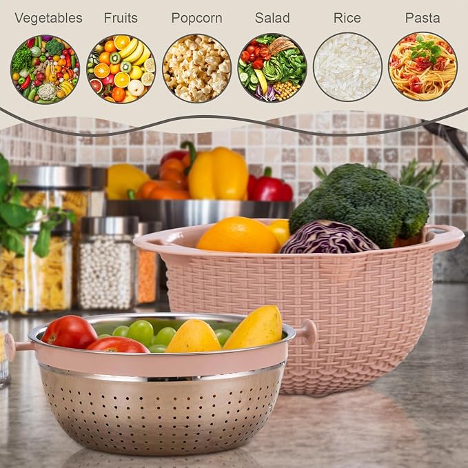 Colander with Mixing Bowl Set,Stainless Steel Colander, Food Strainers Colanders, Pasta Strainer, Rice Strainer, Fruit Cleaner, Veggie Wash, Salad Spinner, Strainers for Kitchen, Apartment(Pink)