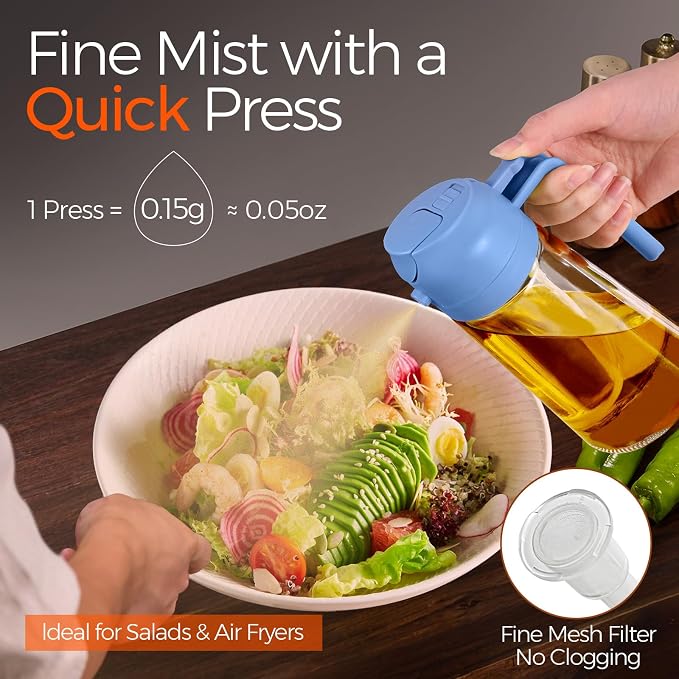 YARRAMATE 16 oz 2-in-1 Glass Olive Oil Sprayer for Cooking, SkyBlue | Food-grade dispenser bottle, 470 ml, spray and pour, portion control, stickers included, for salad, frying and BBQ