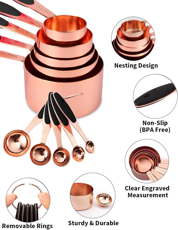 Joyhill Copper Measuring Cups and Spoons Set of 10 Piece, Stainless Steel Nesting Measuring Cup Set with Soft Touch Silicone Handles for Dry and Liquid Ingredients | BPA-Free Silicone Handles, Etched Markings, Nestable Design, Dishwasher Safe for Dry &...