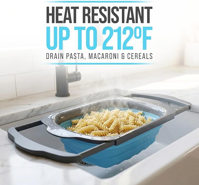 Comfify Blue XL Collapsible Silicone Over Sink Colander – 6 Quart | Blue; extends 25" to span sink; both hands free; collapses flat; 6 Qt; heat resistant 176F; pasta, veg, fruit