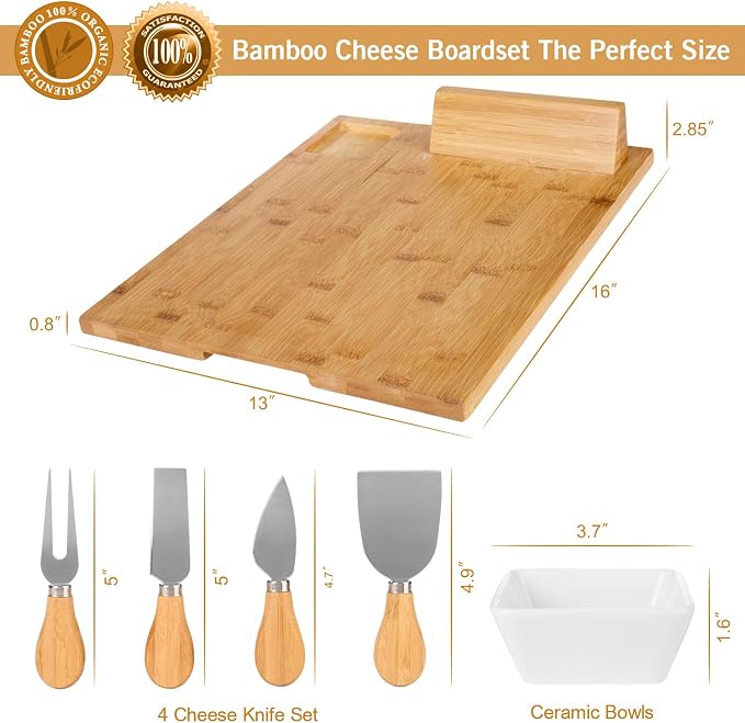 M MH ZONE Bamboo Cheese Board Set (Upgrade Type 16" x 13") Charcuterie Board with 4 Specialist Stainless Steel Knife and Ceramic Dish, Perfect Christmas Gifts for Family, Friend or Lover