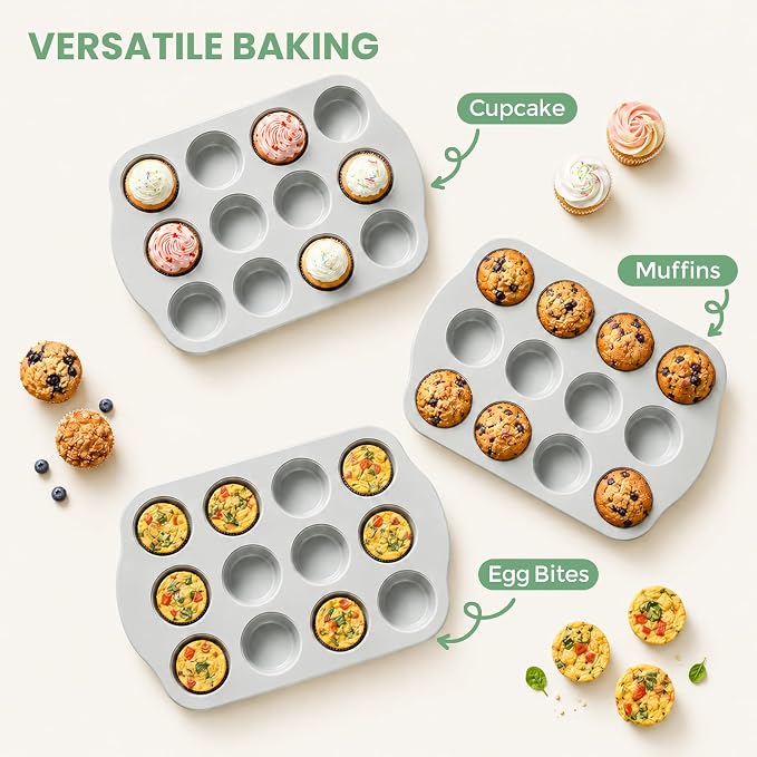 12-Cavity Muffin Pan, Nonstick Ceramic Cupcake Pan, Heavy-Duty 0.6mm Aluminum, Easy-Release Bakeware for Home Bakers & Holiday Treats, Grey