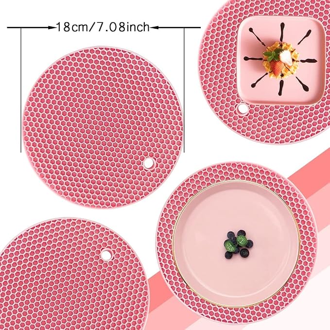 7-Inch Round Silicone Trivet Mats - 4-Pack Non-Slip Heat Resistant Hot Pads for Kitchen Countertops, Pots and Pans (Pink)