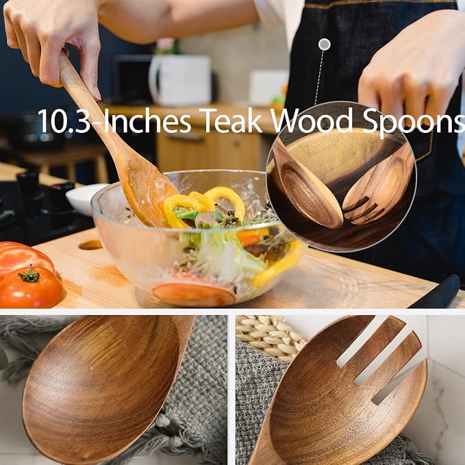 Teak Wood Salad Serving Spoon and Spork 10.2-Inch, Wooden Salad Server Set of 2, Teak Wooden Salad Spoon and Fork, Wood Cooking Spoons for Mixing, Stirring & Serving