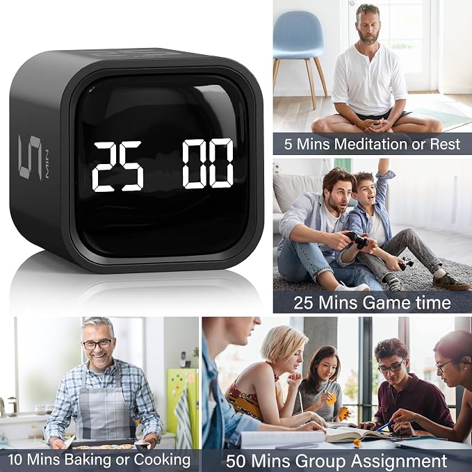 Rotating Pomodoro Timer 5, 25, 10 50 Minutes Preset, Desk Productivity Flip Timer, ADHD Tool Cube Countdown Stopwatch, Vibration/High/Low Volume/Custom Modes, for Work, Study, Back to School, Kitchen