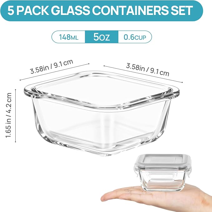 Vtopmart 5Pack 5oz Small Glass Storage Containers Set With Lids, Grey | Glass Meal Prep Food and Sauce Container Sets with Snap Airtight Lid for Microwave, Oven, Freezer and Dishwasher, BPA Free