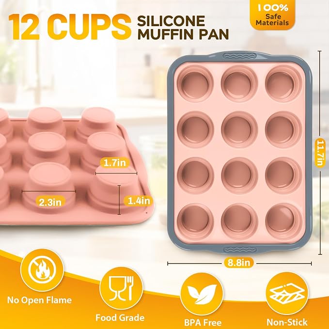 Silicone Muffin Pan, 12 Cups Non-Stick Cupcake Pan, Food-Grade BPA-Free Muffin Tin, Oven-Safe 450 °F, Reinforced Steel Frame, Easy-Grab Handles, Quick-Release 2.3" Baking Molds for Mini Treats