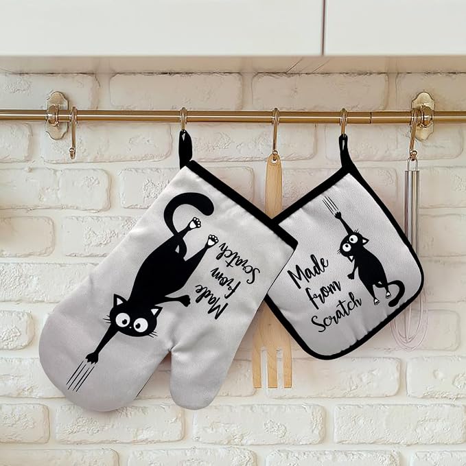 zcyhtqp, Made from Scratch, Funny Silicone Non-Slip Oven Mitts and Pot Holders Sets of 2, Cat Oven Mitts, Bake Lover Gift, Kitchen Gift for Cat Owner, Cat Mom