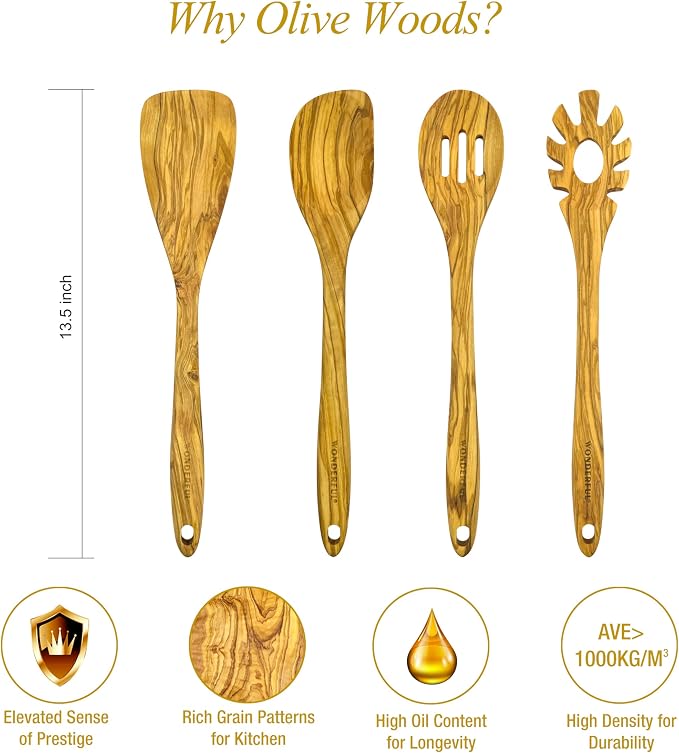 WONDERFUL 13.5 Inch Long Olive Wood Spatula/Turner for Cooking, Flat Frying Spatula Handmade for Kitchen Cookware, Non-Stick