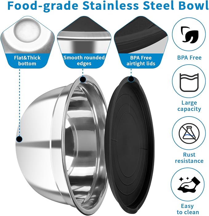 Stainless Steel Mixing Bowls with Lids, 7-Piece Nesting Bowl Set | 0.7,1.1, 1.5, 2.1, 3.5, 4, 4.5 QT stackable stainless steel mixing bowls for baking, food prep, serving and storage