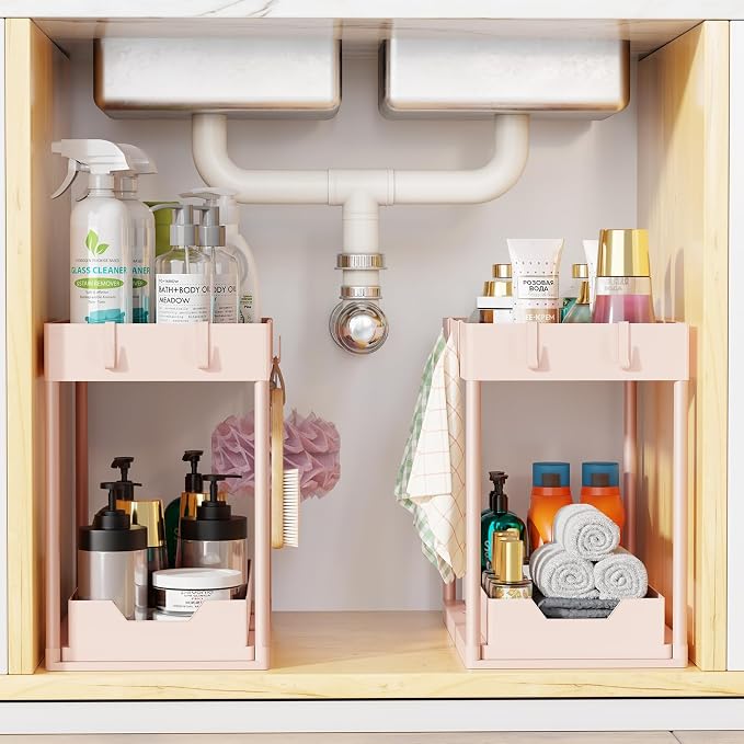 Simple Trending Under Sink Organizer 2 Pack, with Sliding Drawer, Pink | 2-Tier Multi-Use Under Shelf Organizer with Hooks, Sink Pull-Out Sliding Storage Cabinet for Kitchen Bathroom, Easy Assembly