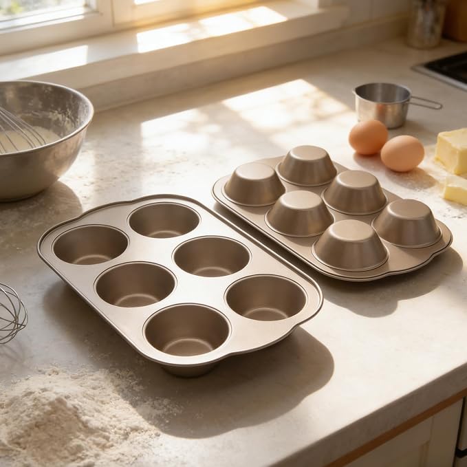 Non-Stick Jumbo 3.5" 6-Cup Muffin Pans, Set of 2(Gold) | Carbon Steel, Long Handle for Large Muffin & Cupcakes