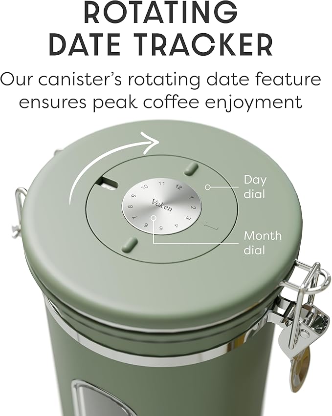 Veken Coffee Canister with Window, Airtight Stainless Steel Container, 22OZ | Date Tracker,Kitchen Food Storage Organizers for Beans, Ground, Espresso, Rice,Tea, Sugar,Cereal, Gifts,Lids,Jars,Scoop,Green
