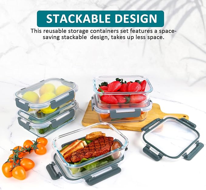 M MCIRCO 5 Pack,30 oz Glass Food Storage Containers with Lids, Gray | Glass Meal Prep Containers,Airtight Lunch Containers with Lids, Microwave, Oven, Freezer and Dishwasher Friendly, BPA Free